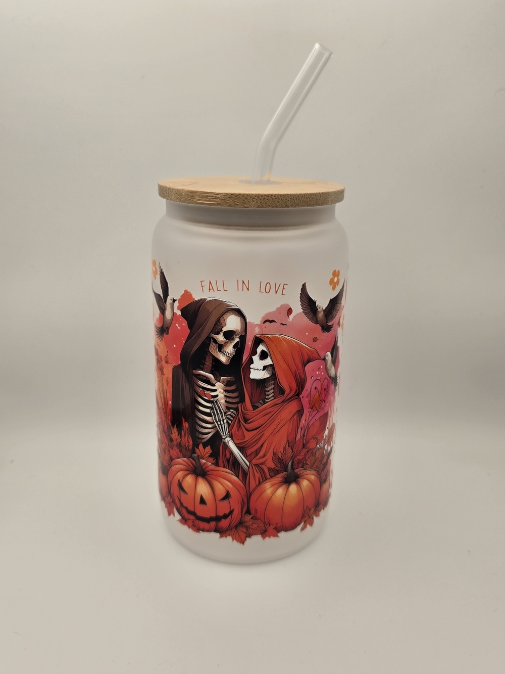 Fall In Love Skeleton Halloween Drink Jar with Straw - 16oz